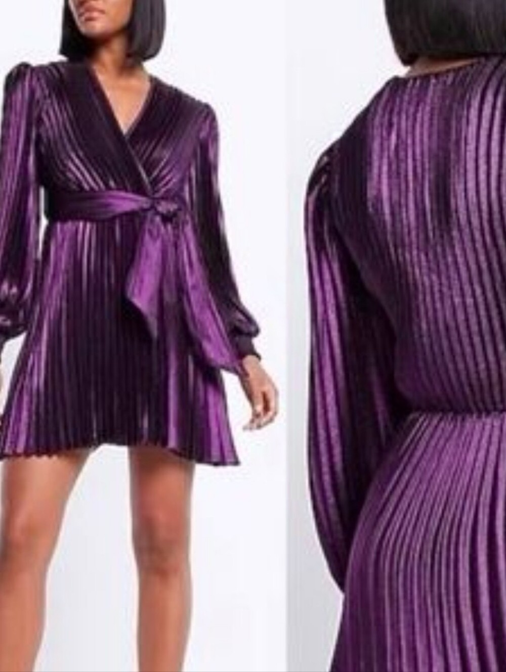 EXPRESS Metallic Purple Plissé Pleated Wrap Mini Dress NWT L